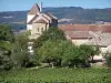 Berzé-la-Ville - Moines chapel (Romanesque chapel), roofs of the village, trees and vineyards; in Mâconnais