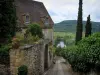 Beynac-et-Cazenac - House and sloping narrow street with view of the Dordogne valley (river), in Périgord