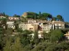Bormes-les-Mimosas - Castle dominating the houses of the hilltop village, pines, palm trees and cypress trees