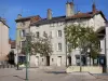 Bourg-en-Bresse - Place des Bons-Enfants: fachadas de casas, lojas, árvores e postes de iluminação