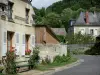 Bourguignon-sous-Montbavin - Bench bordered by roses in bloom, street and houses of the village