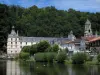 Brantôme - Dronne river with ducks, Benedictine abbey, houses, trees and forest, in Green Périgord