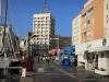 Le Cap-d'Agde - Marina, muelle decorado con macetas con palmeras, edificios y comercios de la localidad