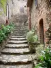 Castelnou - Callejón escalera bordeada de casas de piedra y plantas