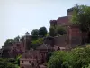 Castillo de Castelnau-Bretenoux - Castillo, murallas, casas y árboles, en Quercy