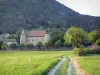 Castillo de Montmaur - Castillo, montaña, calle arbolada y las praderas, en Dévoluy