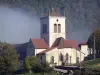 Cerdon - Iglesia de San Juan Bautista, rodeado de árboles, en el Haut-Bugey