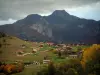 Chablais - Trees in autumn, chalets, meadows and mountain
