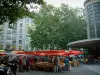 Chambéry - Lively market, covered market hall, trees and building