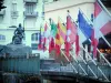 Chamonix-Mont-Blanc - Winter and summer sports resort (climbing capital): line of flags and doctor Michel Paccard statue