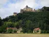 Château de Castelnaud - Forteresse médiévale dominant les arbres et les maisons, nuages dans le ciel, dans la vallée de la Dordogne, en Périgord