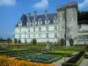 Château de Villandry and gardens - Castle and its keep, vegetable garden (flowers and vegetables) and clouds in the sky