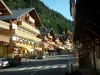 Châtel - Shopping street with shops and chalets, spruce forest, in Chablais