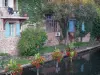 Châtillon-sur-Chalaronne - Fachadas de casas a lo largo del río y las flores Chalaronne suspendido sobre el agua