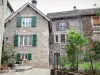 Chaudes-Aigues - Rosiers en fleurs et façades de maisons en pierre de la station thermale