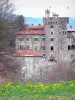 Chavaniac-Lafayette castle - View of the square tower of the castle, flowering meadow in the foreground