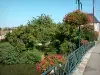 Civray - Flower-covered bridge spanning the Charente river, trees and houses of the city