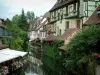 Colmar - Pequeña Venecia: River (Desarolla), con casas de madera con fachadas de colores, árboles y una cafetería