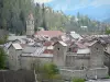 Colmars - Bell tower of the Saint-Martin church, ramparts, Savoie gateway and roofs of the town; in the Verdon upper valley