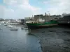 Concarneau - Barge and row of boats and sailboats along ramparts