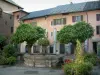 Conflans medieval town - Main square decorated with flowers and Garella fountain with trees, Red house home to the Ethnography and History museum, and buildings with colourful facades