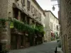 Cordes-sur-Ciel - Calle pavimentada y casas de piedra de la ciudad alta