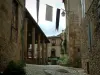 Cordes-sur-Ciel - Pavement, flags, covered market hall and stone houses in the upper town (Albigensian fortified town)