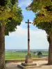 Côte de Beaune vineyards - Cross in the town hall square of Volnay with a view of the Côte de Beaune vineyards