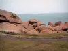 Côte de granit rose - Sentier bordé de pelouse, gros rochers de granit roses et mer (la Manche) au loin
