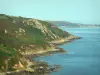 Cotentin coast - Caps road: wild coast (côte sauvage), moors dominating the Channel (sea); landscape of the Cotentin peninsula