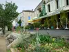 Coulon - Macizos de flores, restaurante con terraza y fachadas de casas de la aldea