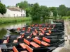 Coulon - Barcos amarrados (muelle para un paseo en bote en la Venecia Verde), las casas y los árboles en el borde del agua en el pantano (húmedo pantano)