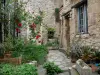 Dauphin - Maison en pierre et son entrée agrémentée d'un rosier (roses rouges) et de plantes