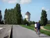 Der-Chantecoq lake - Cycling path (bicycle) on the dike, panoramic water tower (in Sainte-Marie-du-Lac-Nuisement) and trees