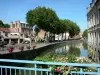 Douai - Flower-bedecked rail in foreground with view of the River Scarpe, the Scarpe quays, houses and trees
