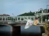 Épinal - Bridge spanning the River Moselle, flags, flowers and buildings of the city in background