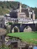 Estaing - Estaing castle overlooking the houses of the medieval town and the old bridge spanning River Lot