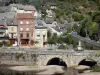 Estaing - Bridge spanning River Coussane, with its statue of the Virgin and Child, and houses of the village
