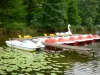 Estanque de Soustons - Barcos del pedal amarrados en un muelle, lirios de agua en el agua y el banco verde
