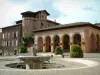 Gaillac - The Thiers square with a fountain, flowers (geraniums), covered market hall (arches) and brick-built residence