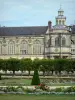 Gardens of the Palace of Fontainebleau - Large flowerbed (French-style formal garden), alleys of linden trees, Saint-Saturnin chapel and facade of the Palace of Fontainebleau