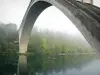 Gargantas del Ain - El puente del arco Serrières-sur-Ain Ain sobre el río y la orilla boscosa