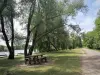 Georges-Valbon Departmental Park - Picnic table by the water, under the trees