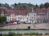 Gien - Casas y tiendas de la ciudad, los árboles y el río Loira