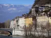 Grenoble - Facades of houses in the town, bridge spanning River Isère, trees and mountains