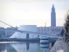 Le Havre - The Commerce pond, quay, Espace Oscar-Niemeyer and the bell tower of the Saint-Joseph church