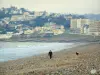 Le Havre - Pebble beach, walker and his dog, the Channel (sea), buildings, and city of Sainte-Adresse with its houses, the Pain de Sucre monument and the Notre-Dame-des-Flots chapel