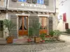 Labastide-d'Armagnac - Las plantas en macetas en frente de la fachada de la antigua gente del café