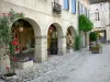Labastide-d'Armagnac - Casas con soportales y florecimiento de la Place Royale
