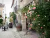 Labastide-d'Armagnac - Escalada flores, casas y cafetería con terraza Place Royale se elevó
